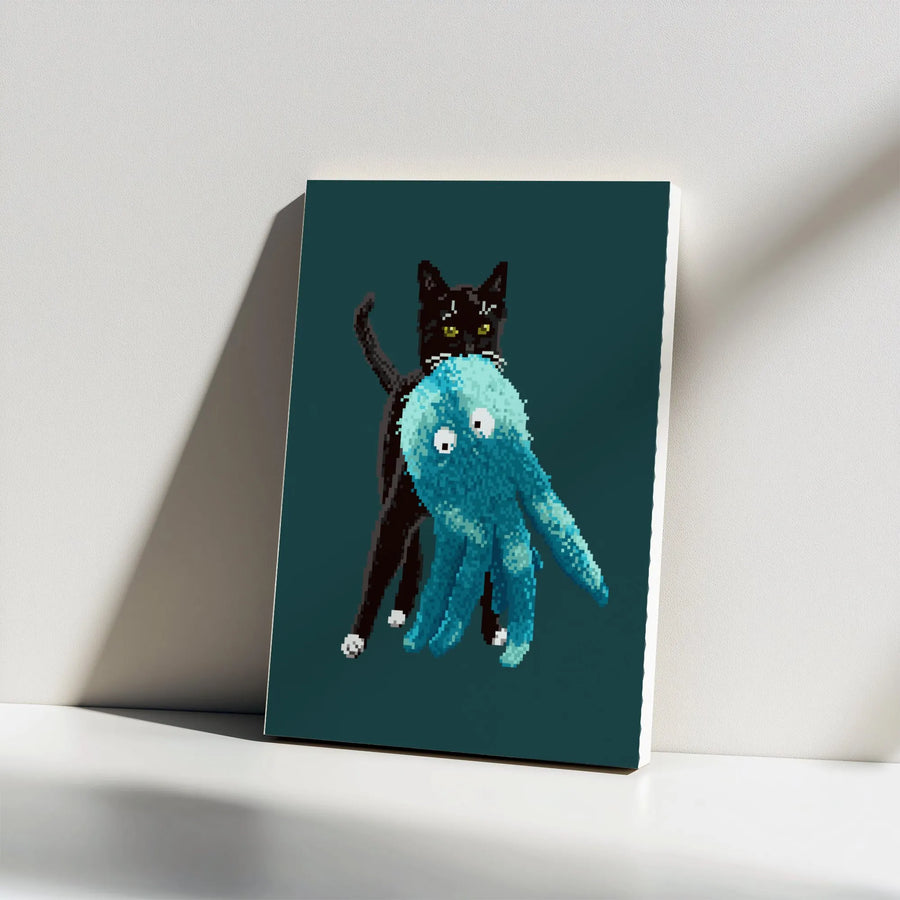 Pixel Art Cat and Octopus Canvas Wall Art | Retro 8-Bit Gaming Print | Premium Thick Gallery Canvas | Unique Gamer Gift for Home Office Decor
