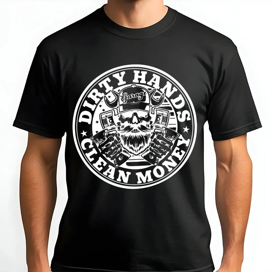 Dirty Hands Clean Money T-Shirt | Mechanic Garage Skull Graphic | Premium Cotton Streetwear | Gift For Hardworking Dad And Blue Collar Workers