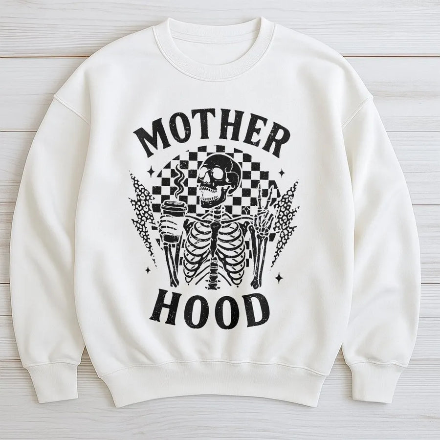 Motherhood Skeleton Sweatshirt | Funny Coffee & Chaos Graphic | Premium Cotton-Blend Pullover | Edgy Mom Life Gift for Mother's Day