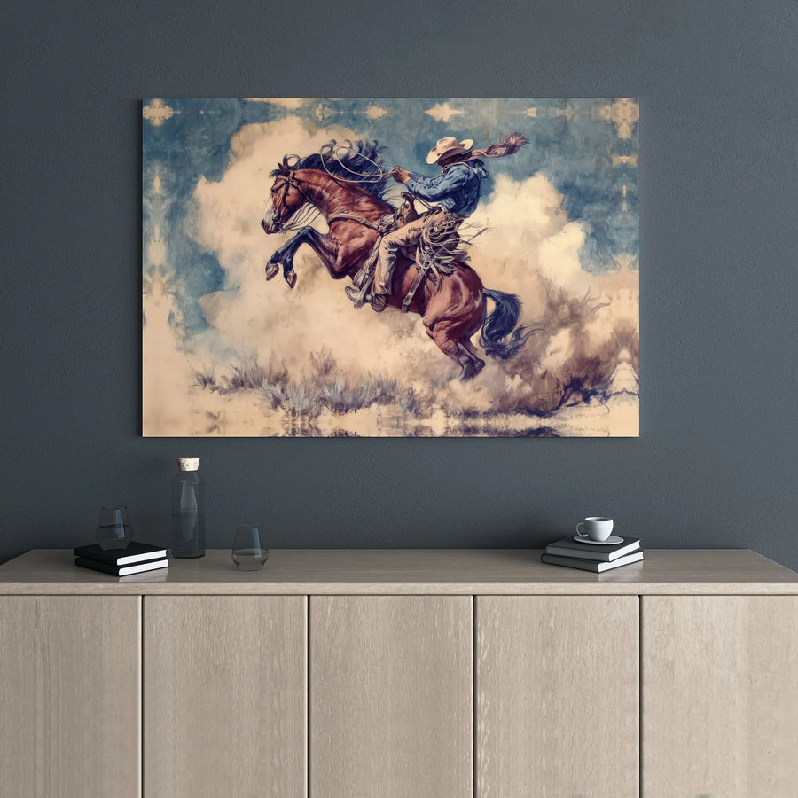 Western Cowboy Canvas Wall Art | Bucking Bronco Oil Painting Style | Premium Gallery Wrap 1.25" Frame | Rustic Home Decor Gift for Him