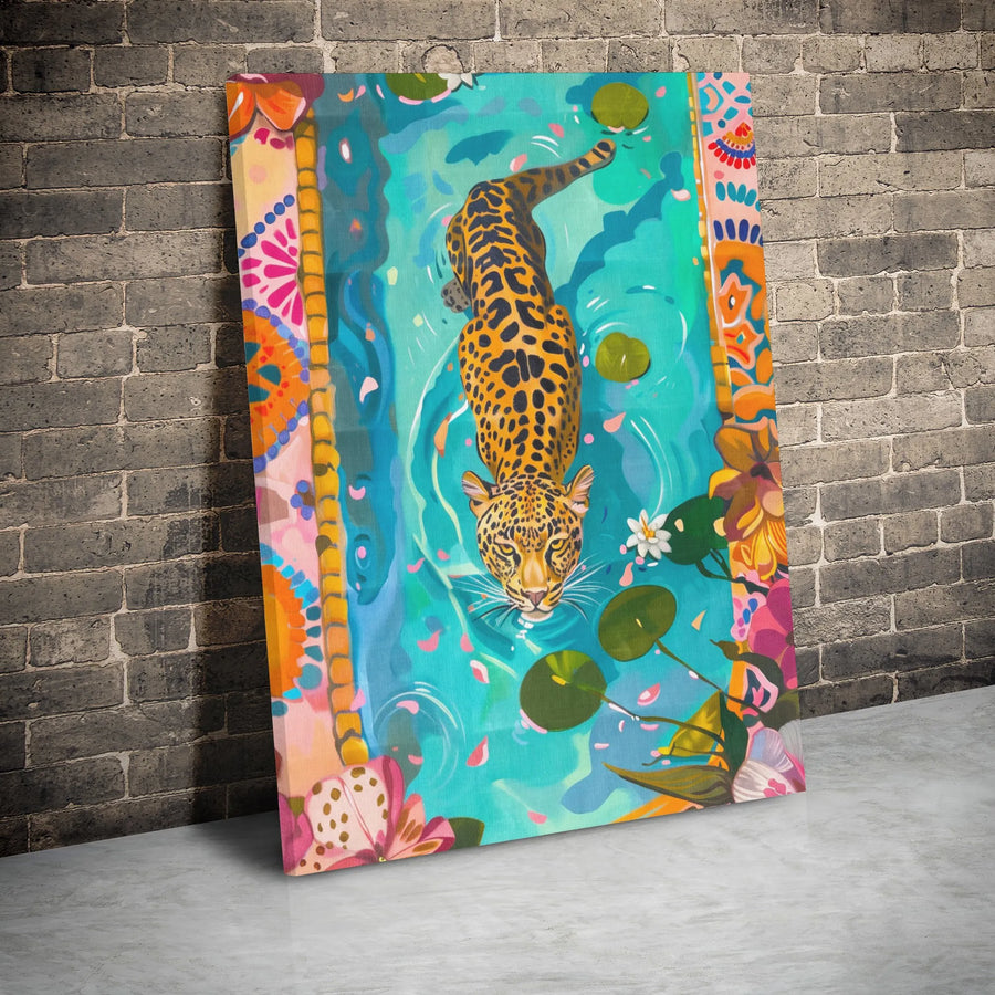 Jaguar Wall Art Canvas | Vibrant Tropical Rainforest Pond Print | 1.25-Inch Gallery Wrap Frame | Modern Animal Decor Gift for Home Office