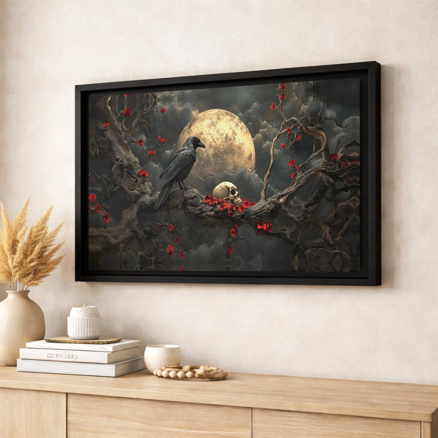 Gothic Raven Skull Canvas Art | Dark Academia Full Moon Wall Decor | Premium Fade-Resistant Gallery Print | Spooky Witchy Home Gift