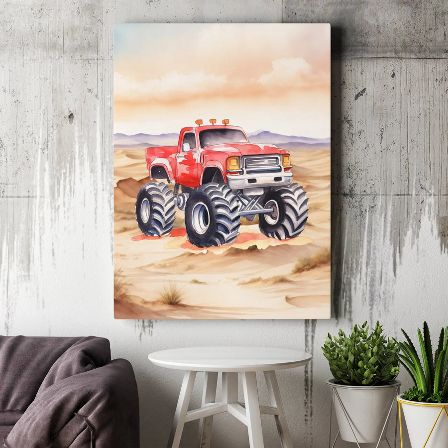 Monster Truck Canvas Wall Art | Red Off-Road Desert Painting | Premium Gallery Wrap Decor | Kids Bedroom Gift for Boys