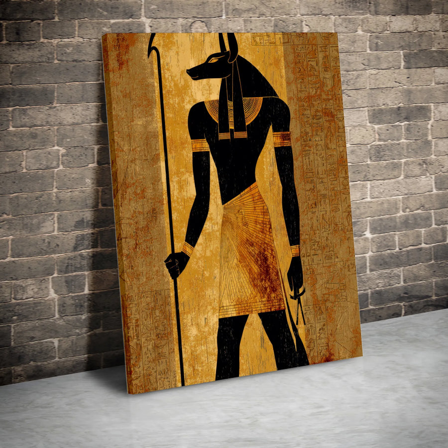 Anubis Egyptian God Canvas Wall Art | Golden Hieroglyphics Mythology Print | Gallery-Quality 1.25" Profile | History Lover Office Gift