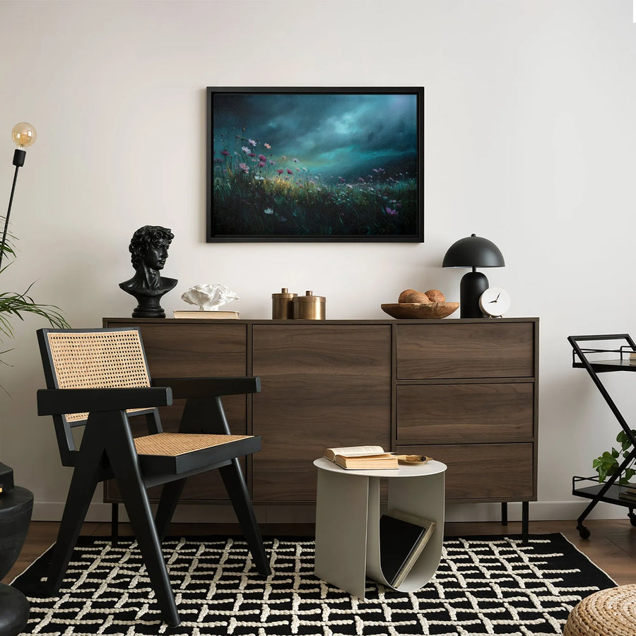Stormy Wildflower Field Canvas Wall Art | Moody Teal Botanical Landscape Print | Premium 1.25 Inch Gallery Wrap | Atmospheric Home Decor Gift
