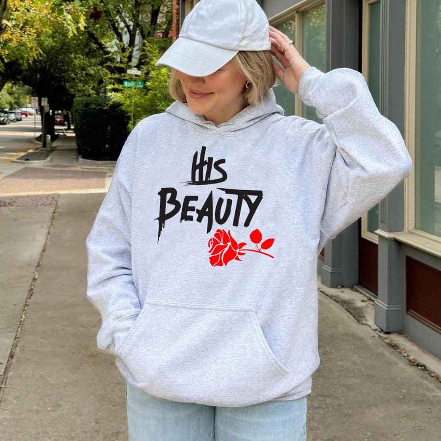 His Beauty Hoodie | Matching Couple Sweatshirt with Red Rose Graphic | Premium Cotton-Blend Pullover | Romantic Valentine's Day Gift for Couples