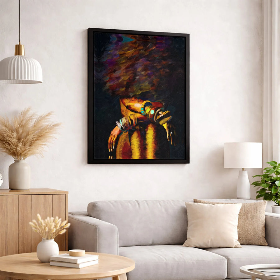 African Woman Portrait Canvas Print | Abstract Afro Art with Jewelry | 1.25 Inch Gallery Wrap | Premium Black Art for Modern Home Decor