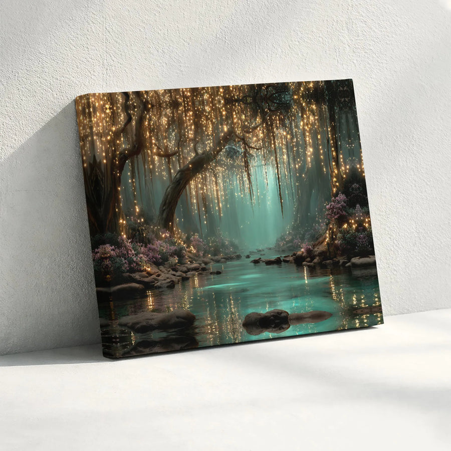 Enchanted Forest Canvas Wall Art | Magical River with Glowing Fairy Lights | Premium Thick Gallery Canvas | Living Room & Bedroom Decor Gift