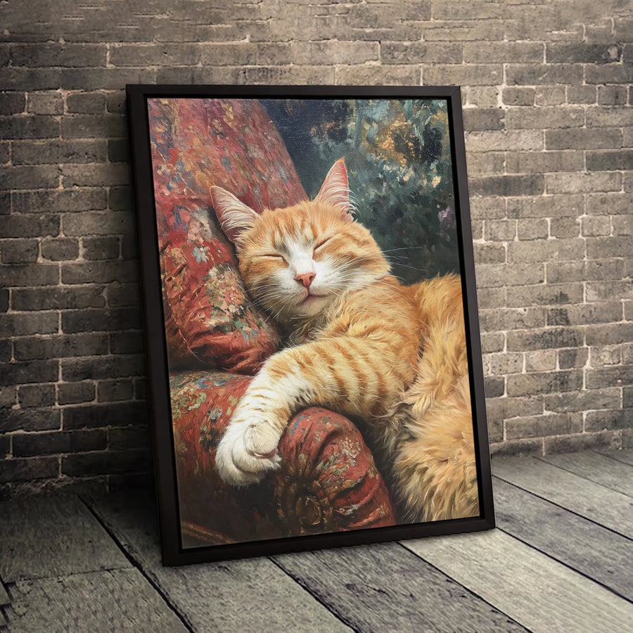 Sleeping Ginger Cat Canvas Wall Art | Impressionist Oil Painting Style | Premium Fade-Resistant Gallery Wrap | Cozy Cat Lover Gift Decor