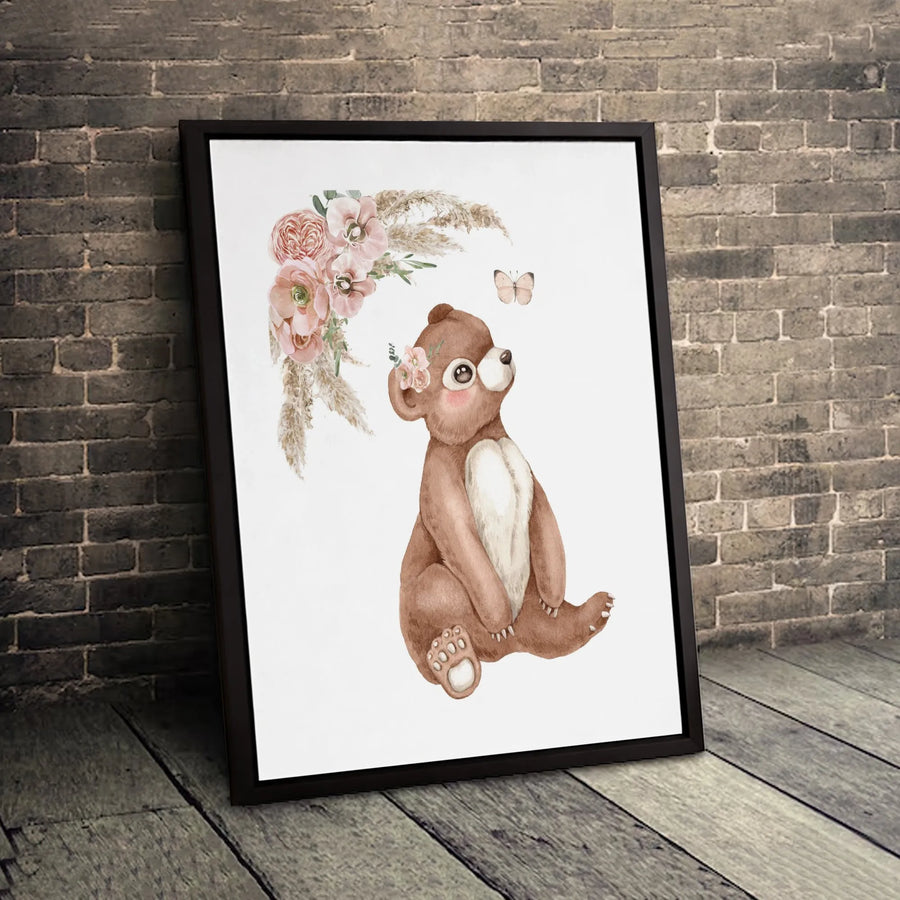 Boho Bear Cub Canvas Wall Art | Floral Woodland Nursery Decor | Gallery Quality Premium Print | Perfect Baby Shower Gift For Girls