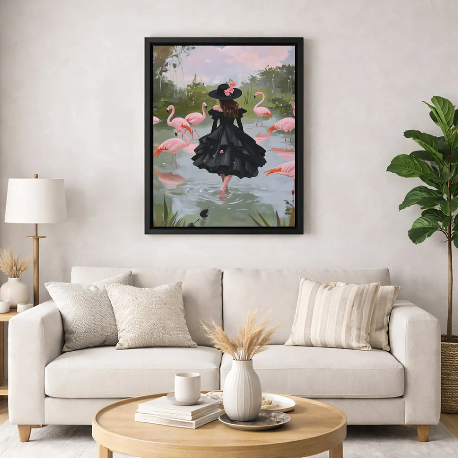 Flamingo Art Print Canvas | Woman in Black Dress Fashion Wall Decor | Gallery Quality 1.25 inch Thick | Whimsical Nature Home Interior Gift
