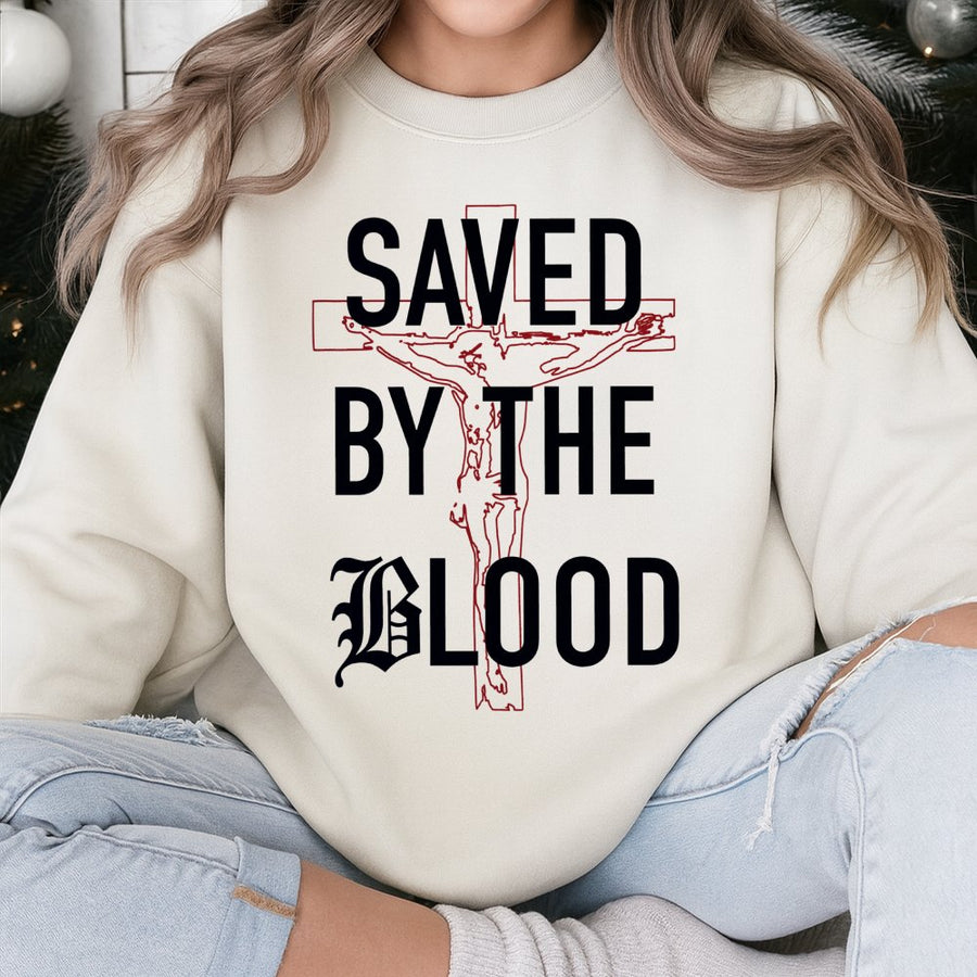 Saved By The Blood Sweatshirt | Christian Cross Jesus Graphic Tee | Premium Cotton Blend Faith Apparel | Religious Gift For Believers