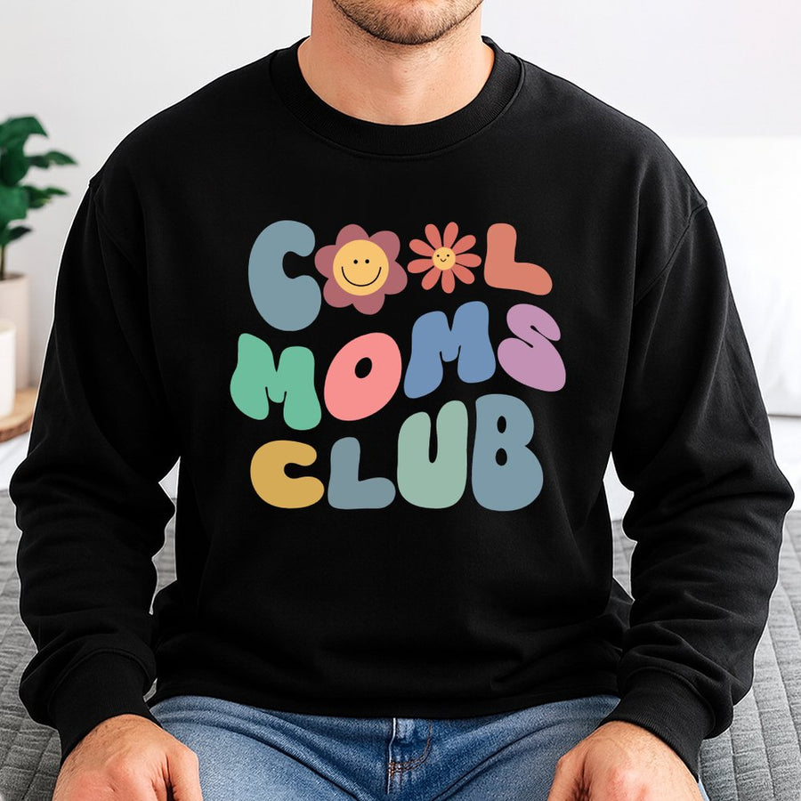 Cool Moms Club Sweatshirt | Retro Wavy Text Smiley Flower Design | Soft Cotton Blend Crewneck | Trendy Mother's Day 2026 Gift for Mom