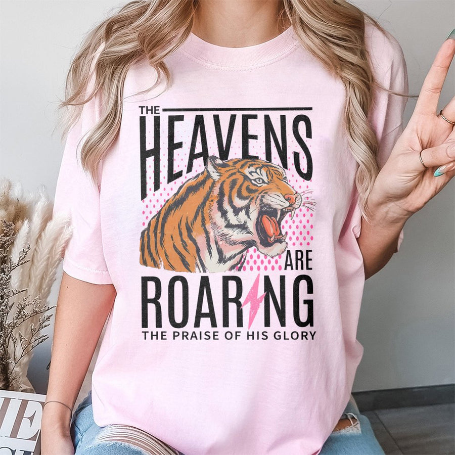 The Heavens Are Roaring T-Shirt | Tiger Graphic Christian Design | Premium 100% Cotton | Religious Faith Gift For Men And Women