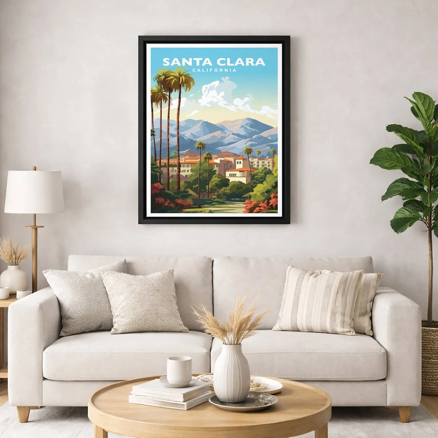 Santa Clara California Travel Poster | Vintage Mid Century Palm Tree Landscape | Gallery Quality Canvas Wall Art | Premium Home & Office Decor