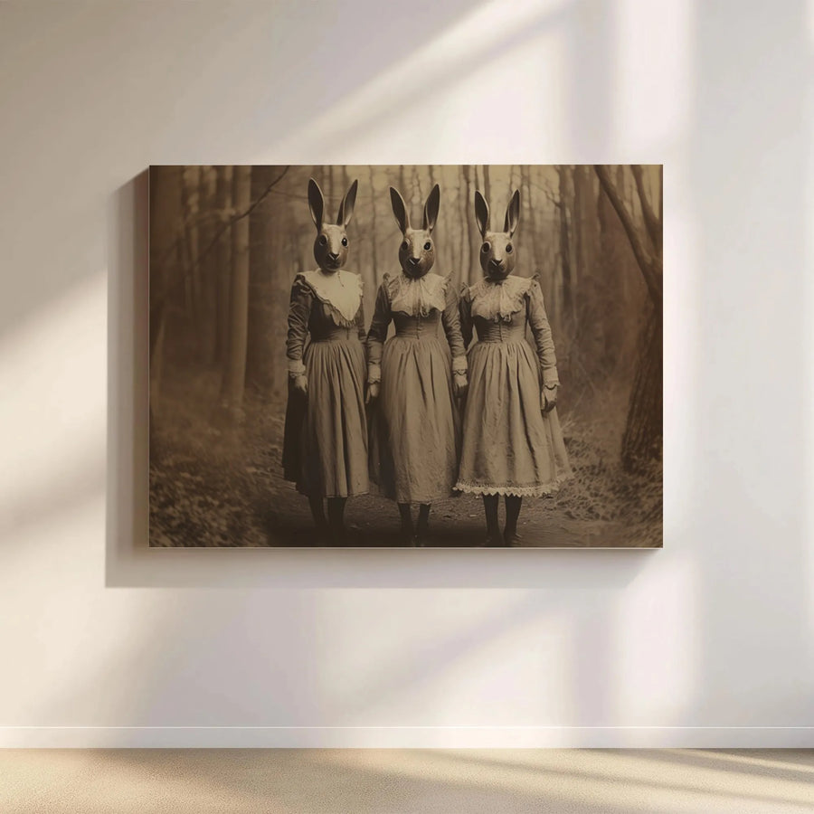 Surreal Bunny People Canvas Art | Victorian Rabbit Trio Gothic Decor | Premium Gallery Wrap Wall Print | Spooky Forest Photography Gift