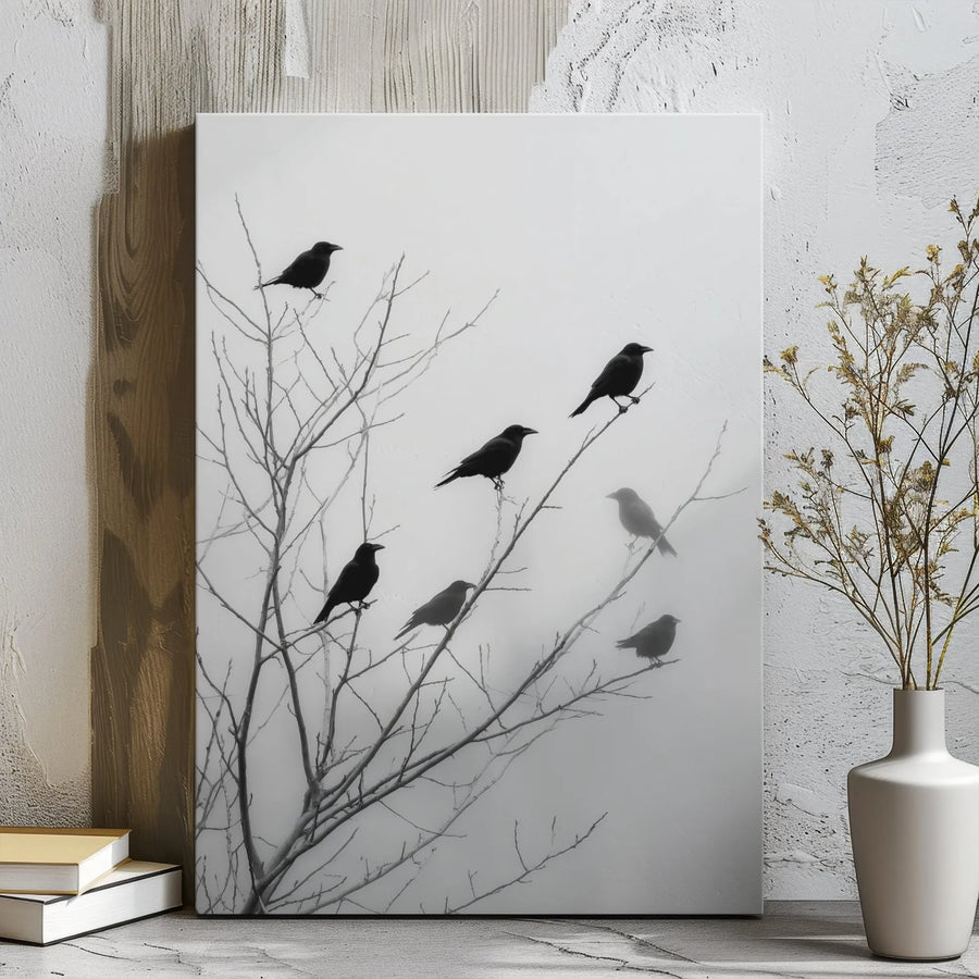 Black Crow Wall Art Canvas | Moody Foggy Tree Nature Photography | 1.25 Inch Gallery Wrap | Minimalist Modern Home Decor Gift