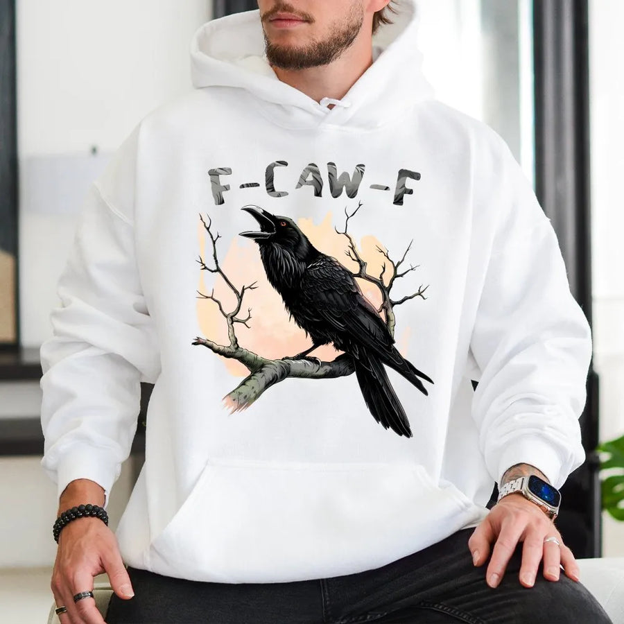 Raven Hoodie | Funny F-Caw-F Crow Graphic Design | Premium Cotton Blend Unisex Pullover | Bird Lover Gift & Cottagecore Apparel