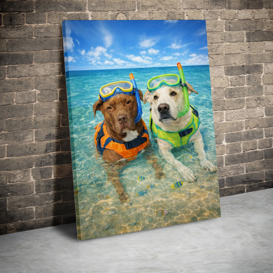 Snorkeling Dogs Canvas Wall Art | Funny Pitbull & Lab Tropical Beach Scene | Premium Matte Canvas | Gift for Dog Lover, Veterinarian Office Decor