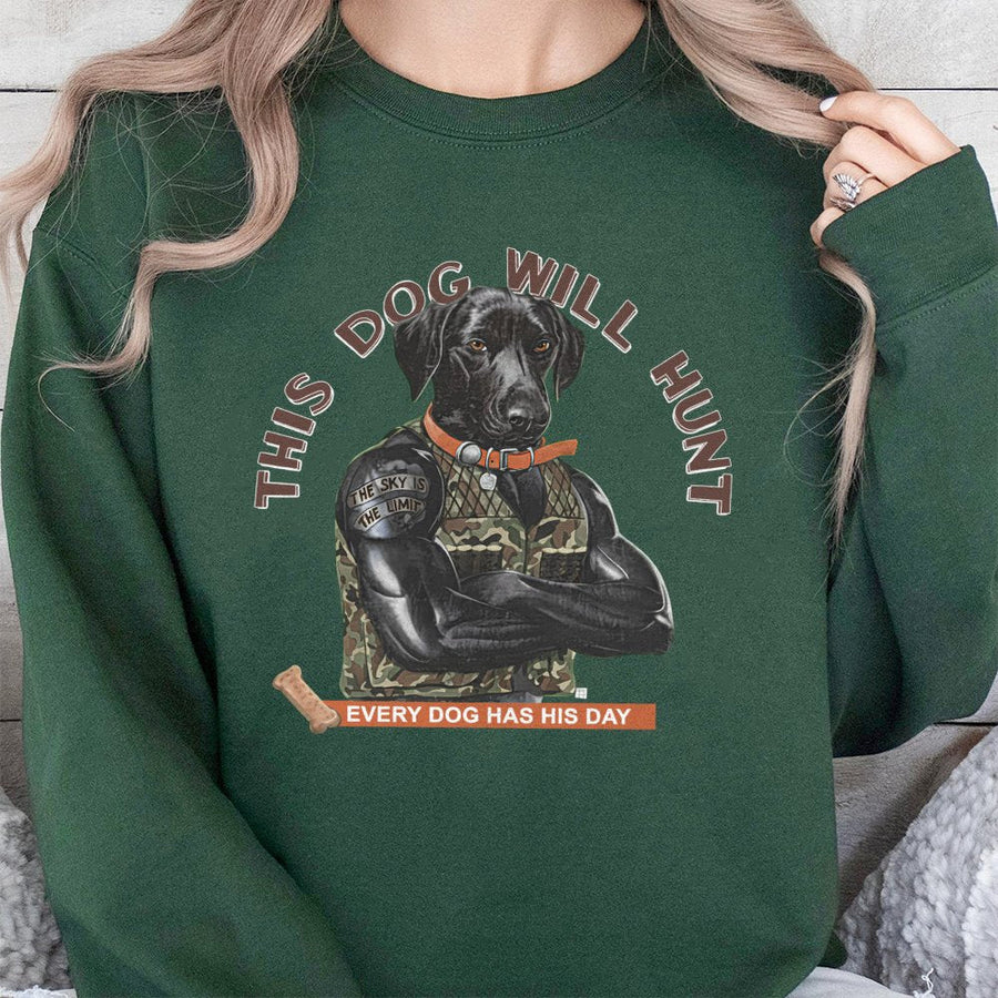 Hunting Dog Sweatshirt | Muscular Labrador Retriever Camo Graphic | Premium Cotton Blend Crewneck | Funny Duck Hunter Gift for Men