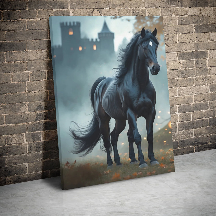 Black Horse Canvas Wall Art | Misty Gothic Castle Fantasy Print | Premium 1.25 Inch Gallery Wrap | Equestrian Decor Gift for Horse Lovers