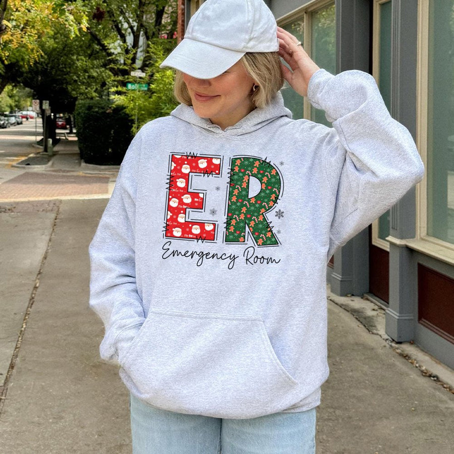 ER Nurse Christmas Hoodie | Festive Emergency Room Medical Graphic | Premium Cotton Blend | Holiday Gift for Nurses and Doctors