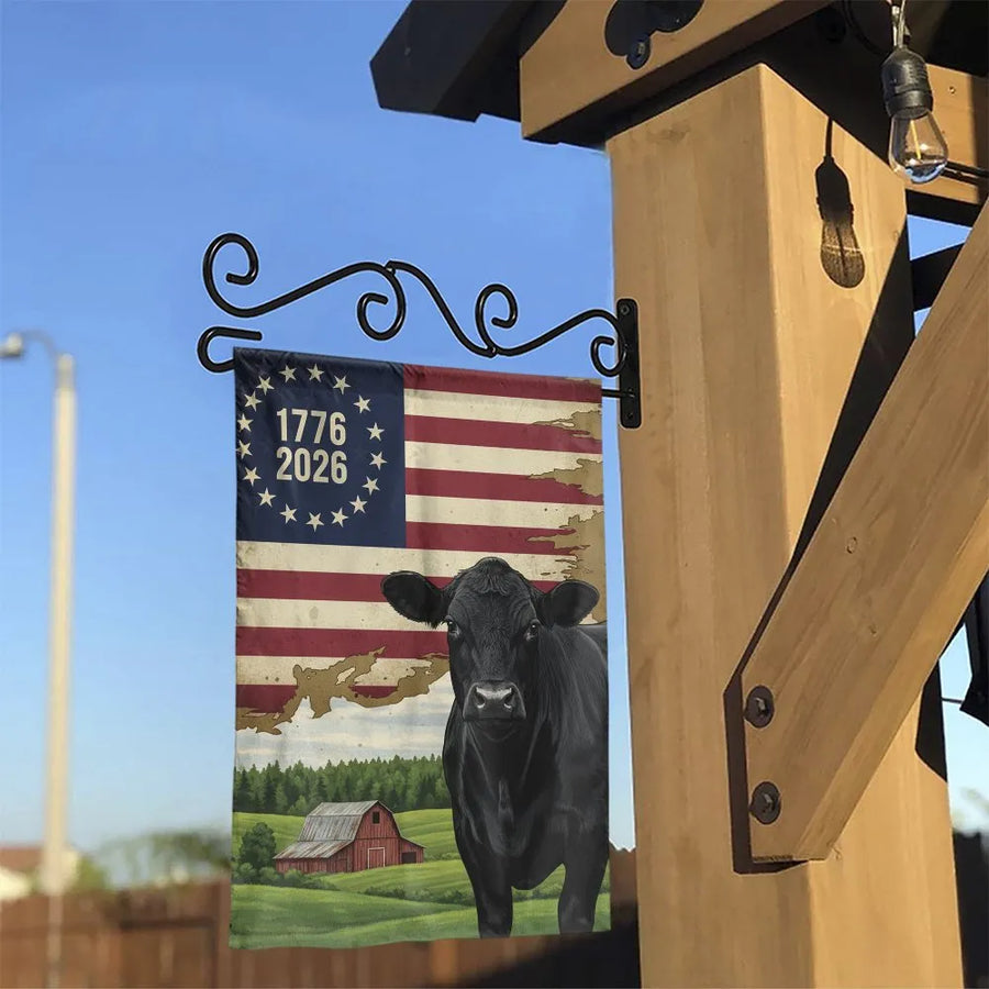 Patriotic Black Angus Cow Garden Flag | 1776-2026 Vintage Farm Scene | Double Sided Premium Polyester | Gift for Farmer & Rancher