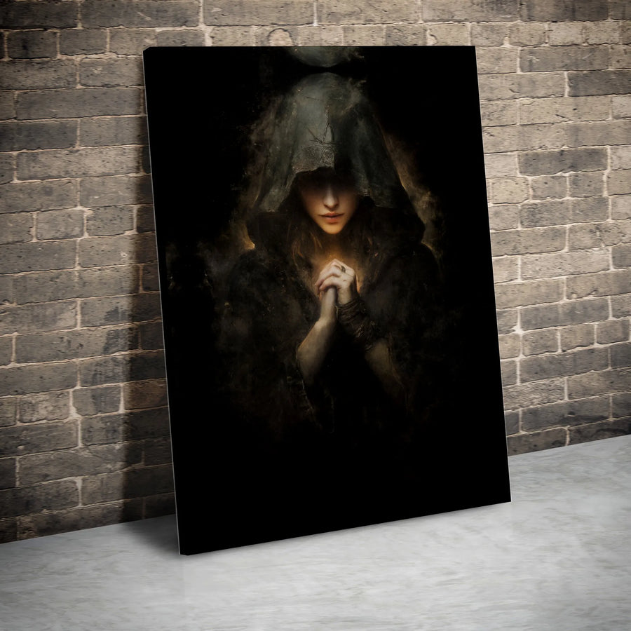 Gothic Hooded Woman Canvas Wall Art | Dark Fantasy Prayer Portrait | Gallery-Wrapped Premium Decor | Moody Witchcore Gift for Home Office