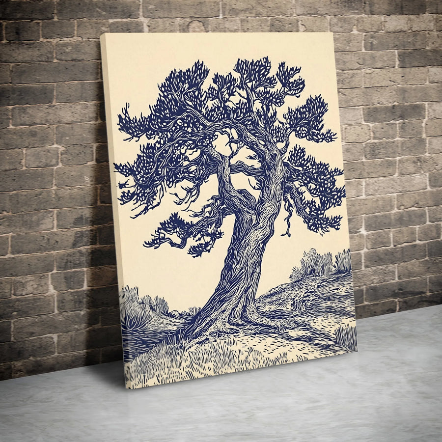 Ancient Gnarled Tree Wall Art | Woodcut Style Nature Illustration | Premium Gallery Wrapped Canvas | Minimalist Botanical Home Decor Gift