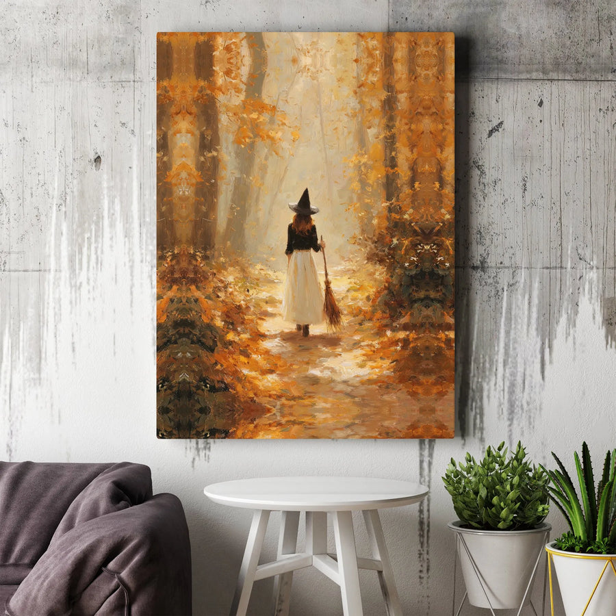 Witch in Autumn Forest Canvas Wall Art | Whimsical Fall Woods Oil Painting Style | Premium 1.25-inch Thick Gallery Wrap | Seasonal Halloween Home Decor