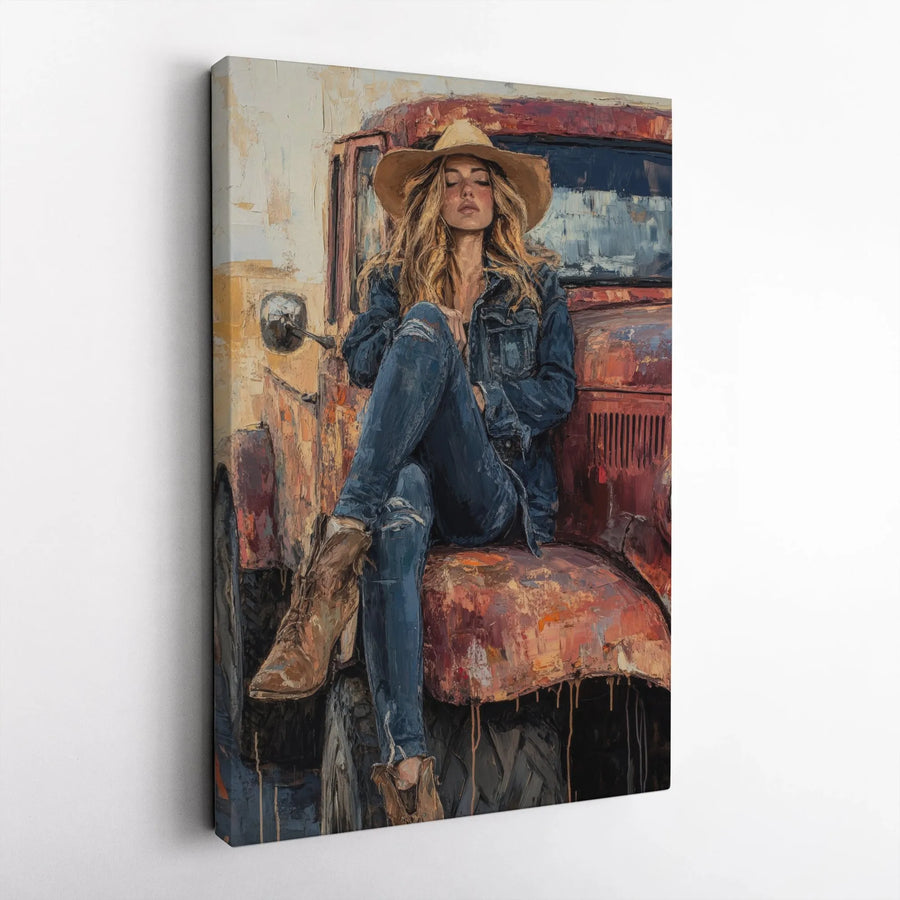 Western Cowgirl Canvas Wall Art | Textured Painting Print of Woman on Vintage Truck | Premium Frameless Gallery Wrap | Rustic Farmhouse Decor Gift