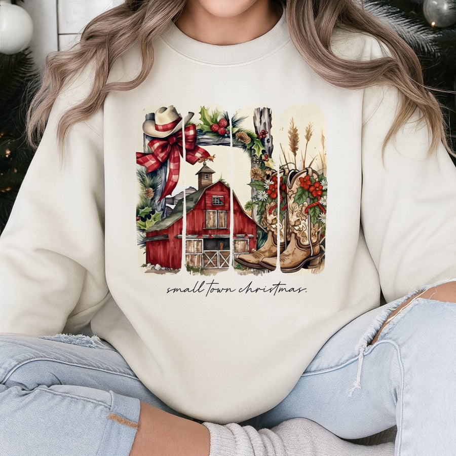 Small Town Christmas Sweatshirt | Western Barn Cowgirl Design | Premium Cotton Blend | Holiday Gift for Country Music Lovers