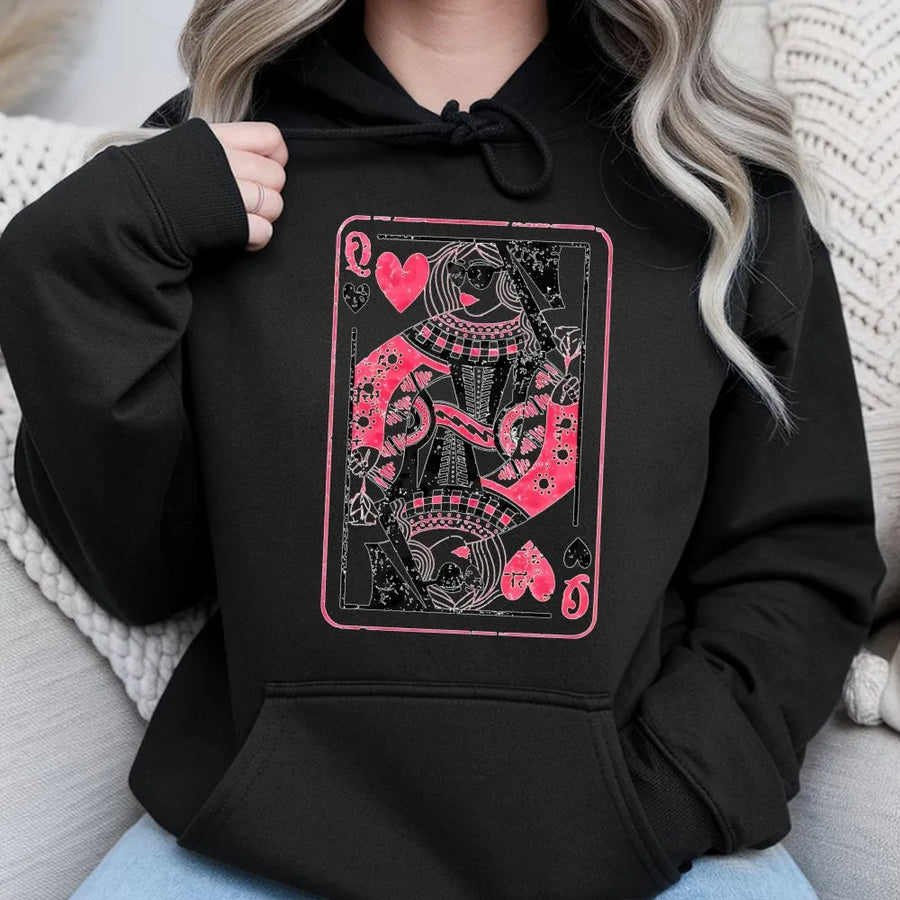 Queen of Hearts Playing Card Hoodie | Pink Distressed Graphic Print | Premium Soft Cotton Blend | Aesthetic Valentine Gift for Her