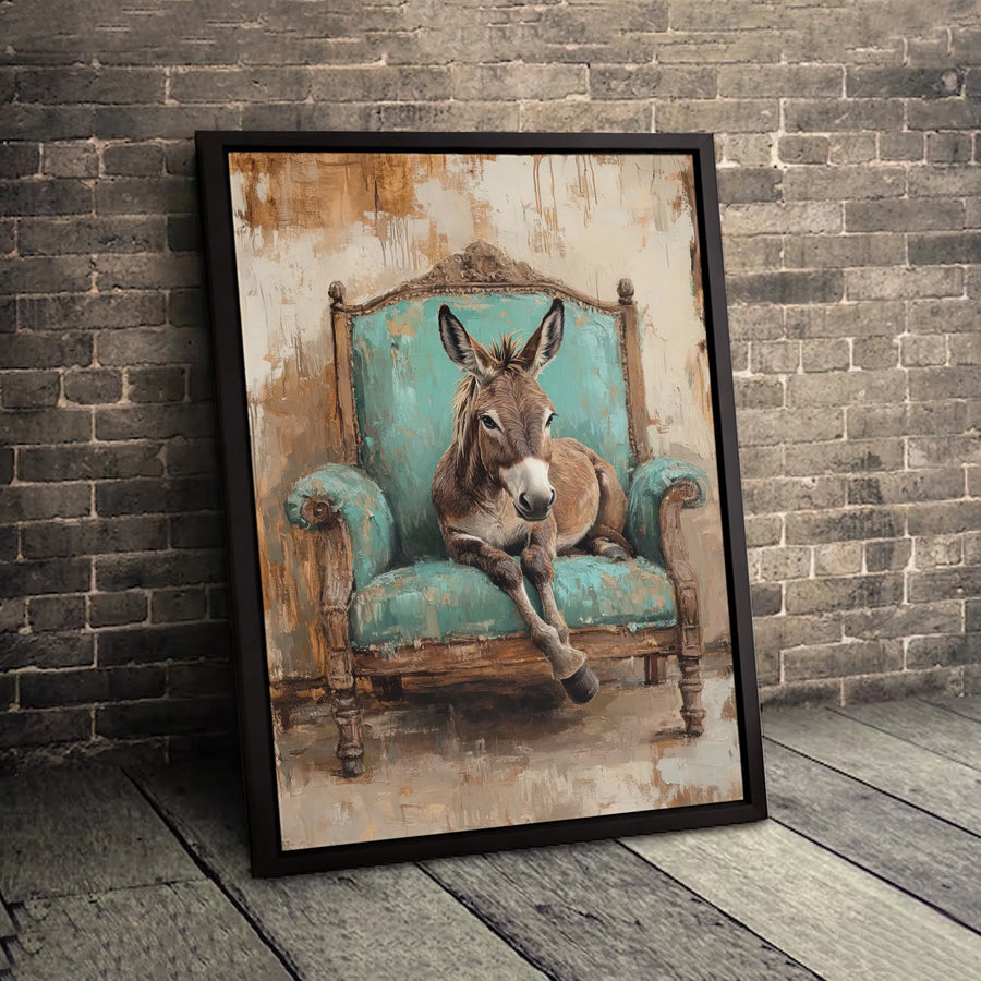 Donkey On Vintage Chair Canvas Wall Art | Quirky Farmhouse Animal Painting | Premium Gallery-Wrapped Print | Unique Home Office Decor Gift