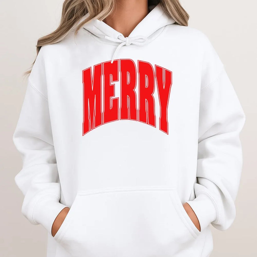 Merry Christmas Hoodie | Bold Varsity Font Graphic | Premium Cotton Blend Sweatshirt | Unisex Holiday Gift for Men and Women