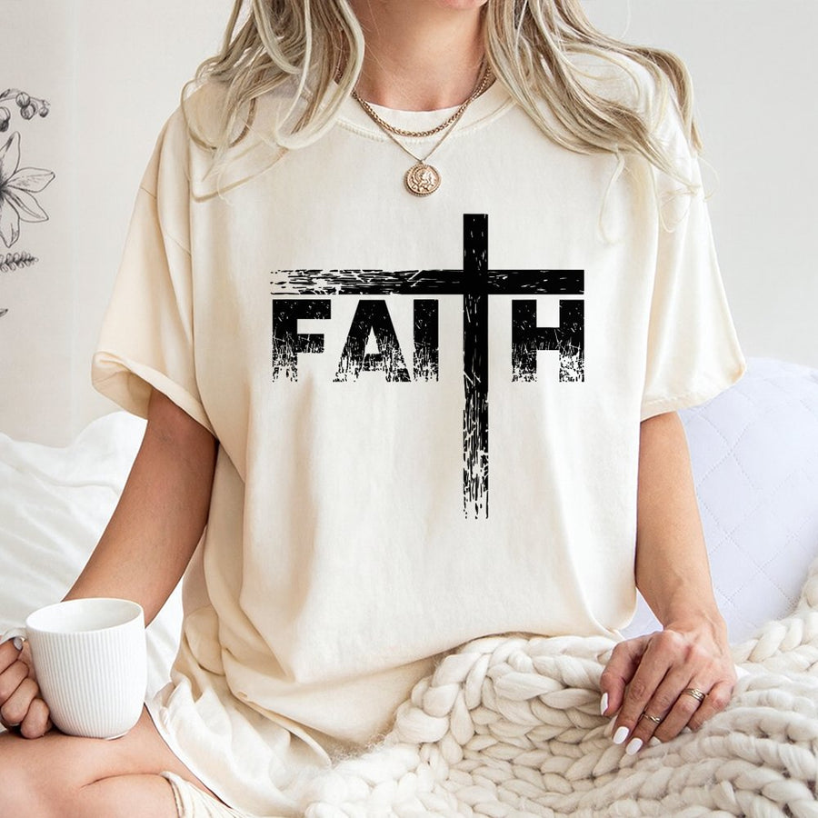 Faith Cross T-Shirt | Distressed Religious Graphic Tee | 100% Soft Cotton Premium Quality | Christian Gift for Men and Women