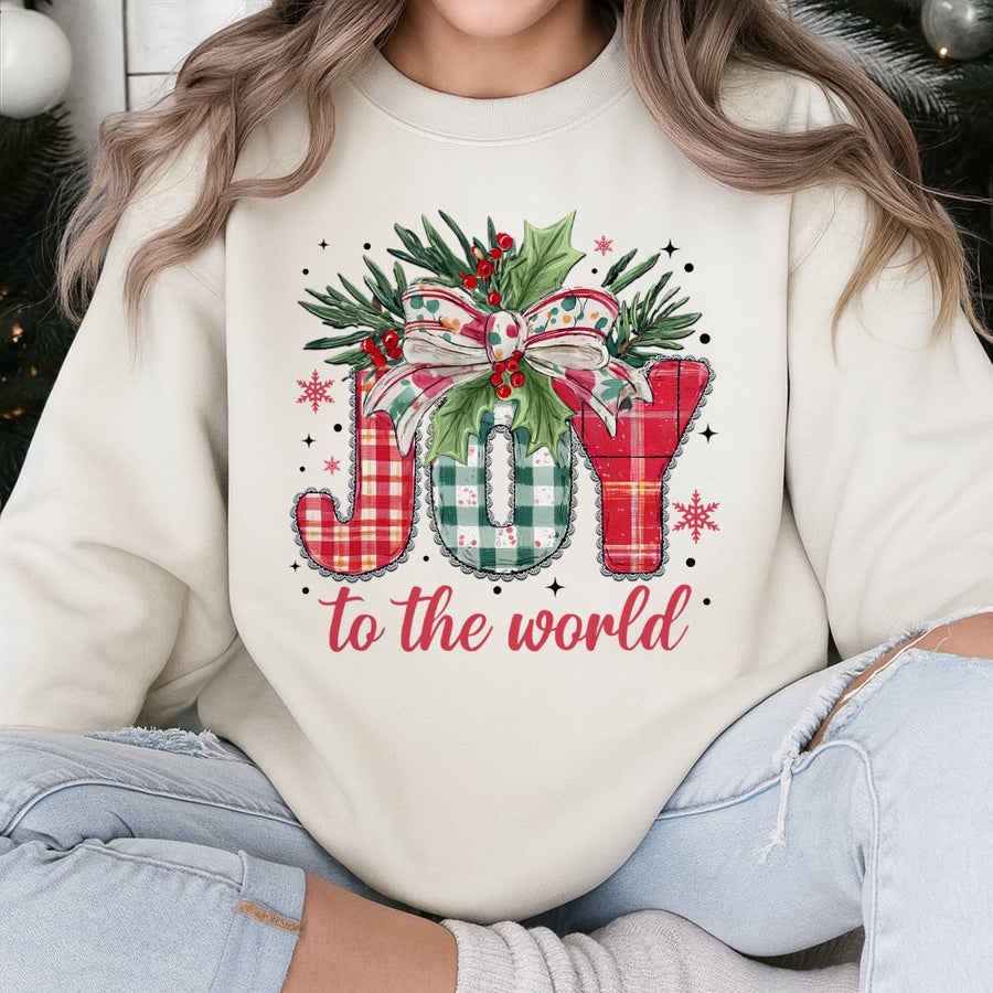 Joy To The World Christmas Sweatshirt | Plaid Festive Holiday Graphic | Soft Cotton Blend | Religious Christian Gift For Women