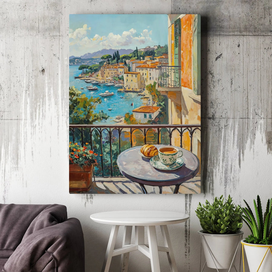 Mediterranean Coastal Village Canvas Print | Italian Amalfi Coast Balcony View | Gallery-Wrapped Premium Wall Art | Romantic Travel Decor Gift for Home