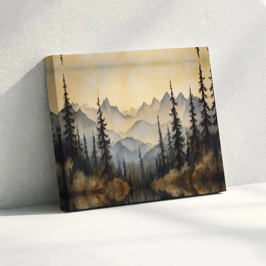 Mountain Landscape Canvas Print | Watercolor Pine Forest Reflection | Premium Gallery Wrap Wall Art | Rustic Living Room Decor Gift