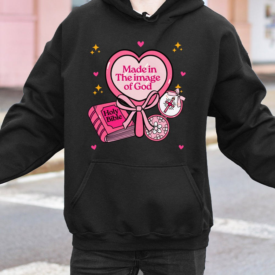 Made In The Image Of God Hoodie | Pink Aesthetic Christian Graphic | Premium Cotton Blend | Faith-Based Gift For Women