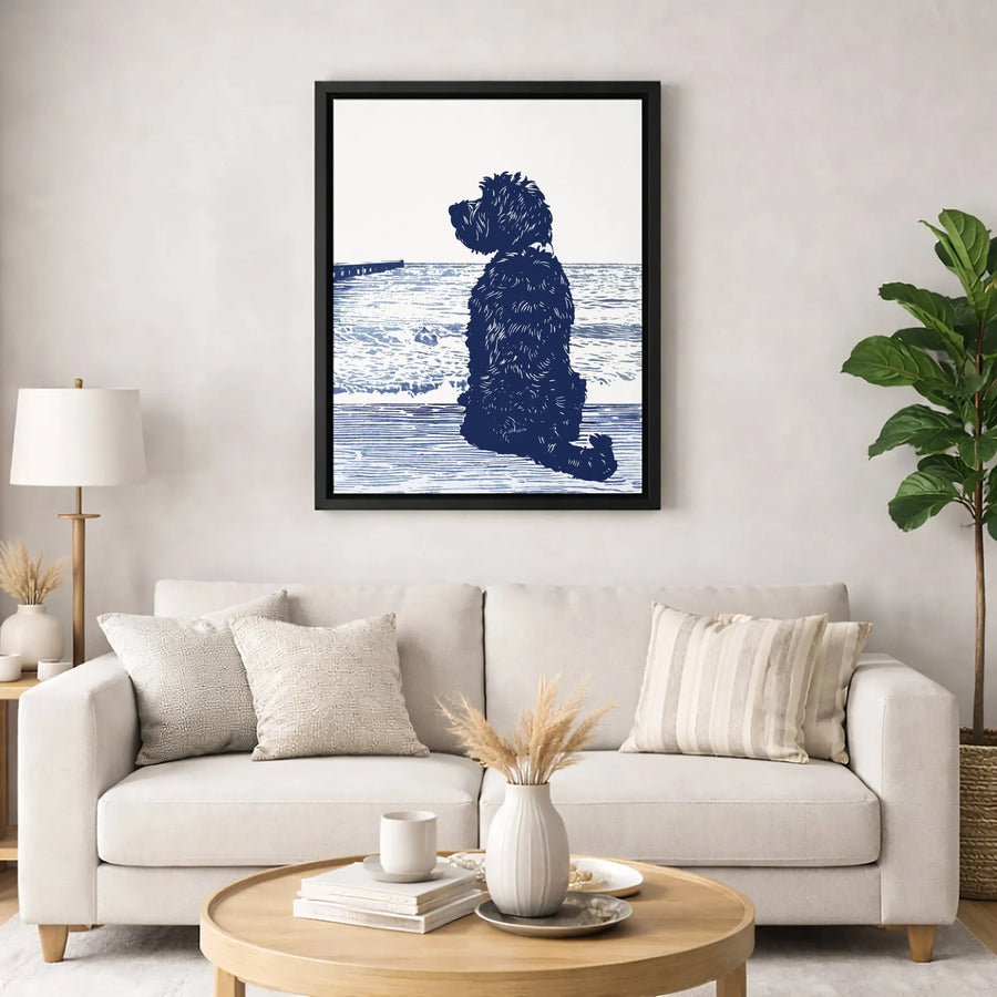 Labradoodle Wall Art | Linocut Ocean Pier Dog Print | Premium 1.25-Inch Gallery Canvas | Coastal Decor Gift for Dog Lovers