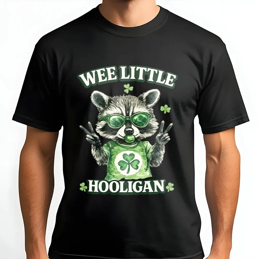 Wee Little Hooligan Raccoon T-Shirt | Funny St. Patrick's Day Design | 100% Cotton Premium Tee | Cute Irish Drinking Gift For Men And Women
