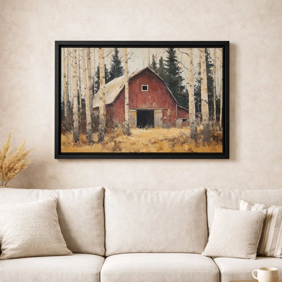 Rustic Red Barn Canvas Art | Aspen Forest Painting | 1.25 Inch Premium Gallery Wrap | Farmhouse Wall Decor For Living Room