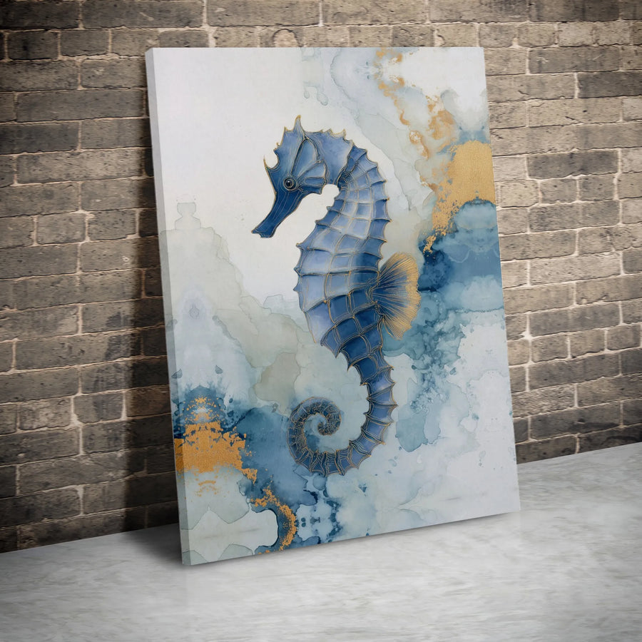 Seahorse Canvas Wall Art | Abstract Watercolor with Gold Detail | Premium Fade-Resistant Print | Coastal Home Decor Gift