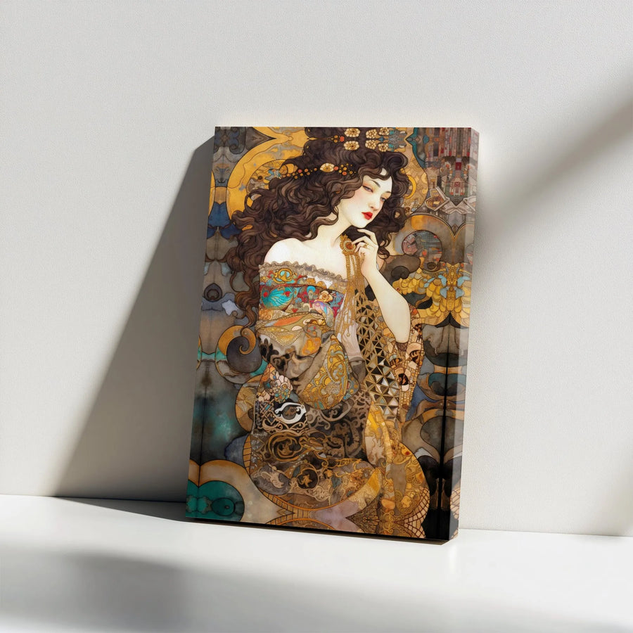 Art Nouveau Woman Portrait Canvas | Ornate Gold Aesthetic Wall Art | Premium Gallery Wrap | Sophisticated Home Decor Gift