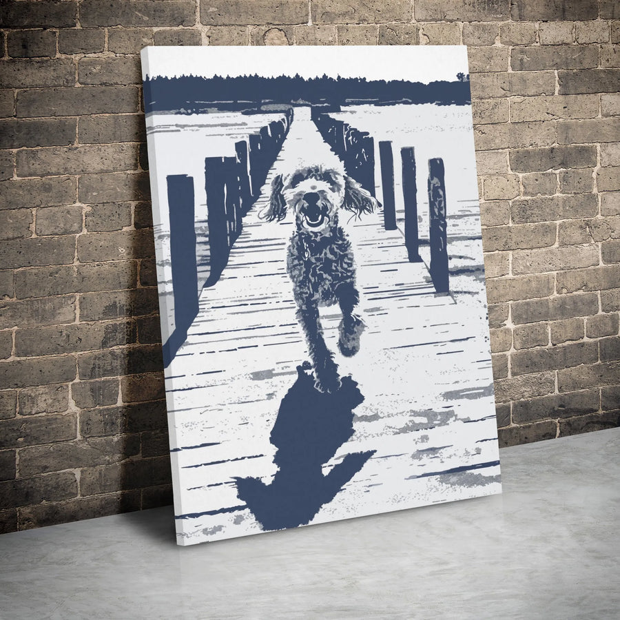 Doodle Dog Wall Art | Happy Labradoodle Running on Pier Print | Gallery Wrap Canvas | Premium Pet Lover Home Decor Gift