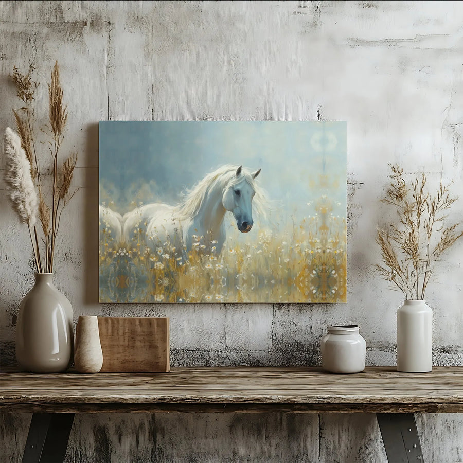 White Horse Canvas Wall Art | Majestic Equestrian Meadow Landscape | Premium Gallery Wrapped Print | Nature Home Decor Gift For Horse Lovers