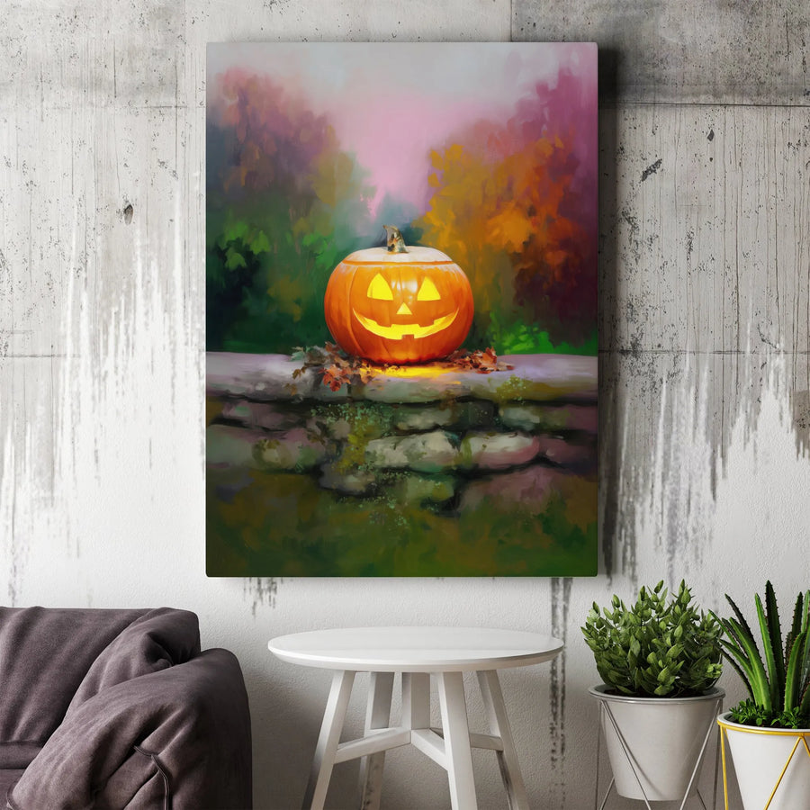 Halloween Jack-O'-Lantern Canvas | Spooky Autumn Forest Stone Wall | Premium Fade-Resistant Wall Art | Rustic Fall Home Decor Gift