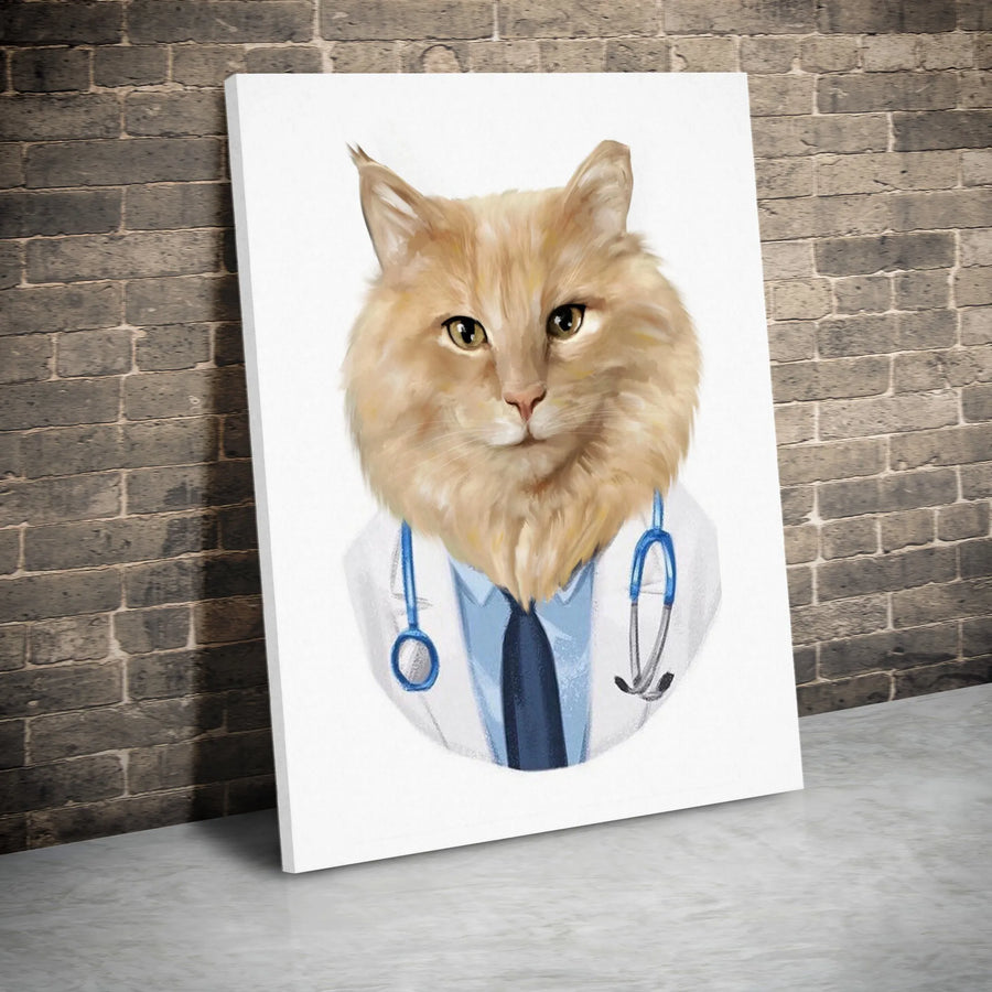 Doctor Cat Canvas Art | Whimsical Ginger Kitten Professional Portrait | Gallery Quality Stretched Print | Unique Gift for Veterinarians or Nurses