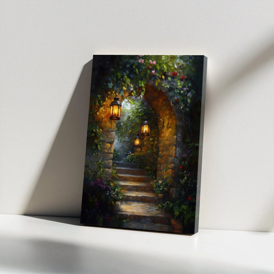 Secret Garden Canvas Wall Art | Lantern Lit Stairway Painting | Gallery Wrapped Premium Canvas | Romantic Home Decor Gift for Living Room